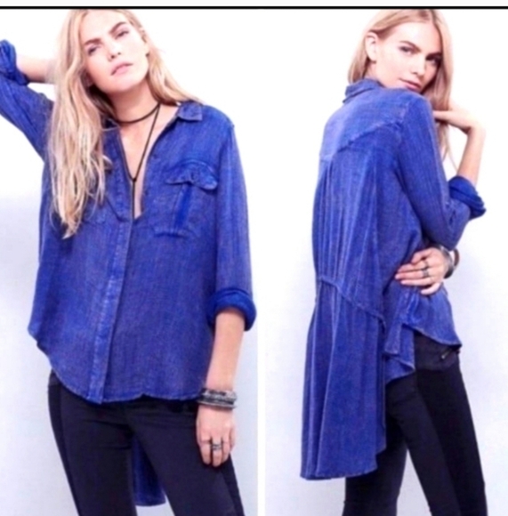 Free People Women's Waffle Knit Blue Button Up Shacket Top XS - Picture 2 of 7